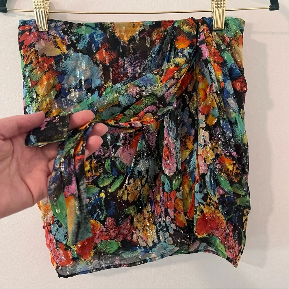 The Kooples Paris Multicolor Metallic Floral Mini Skirt Silk Size 2